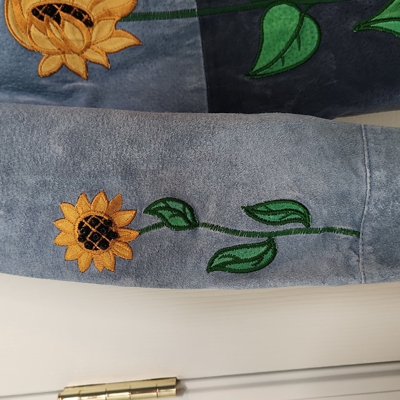Quaker Factory blue leather embroidered sunflower jacket zipper size medium - Picture 2 of 14